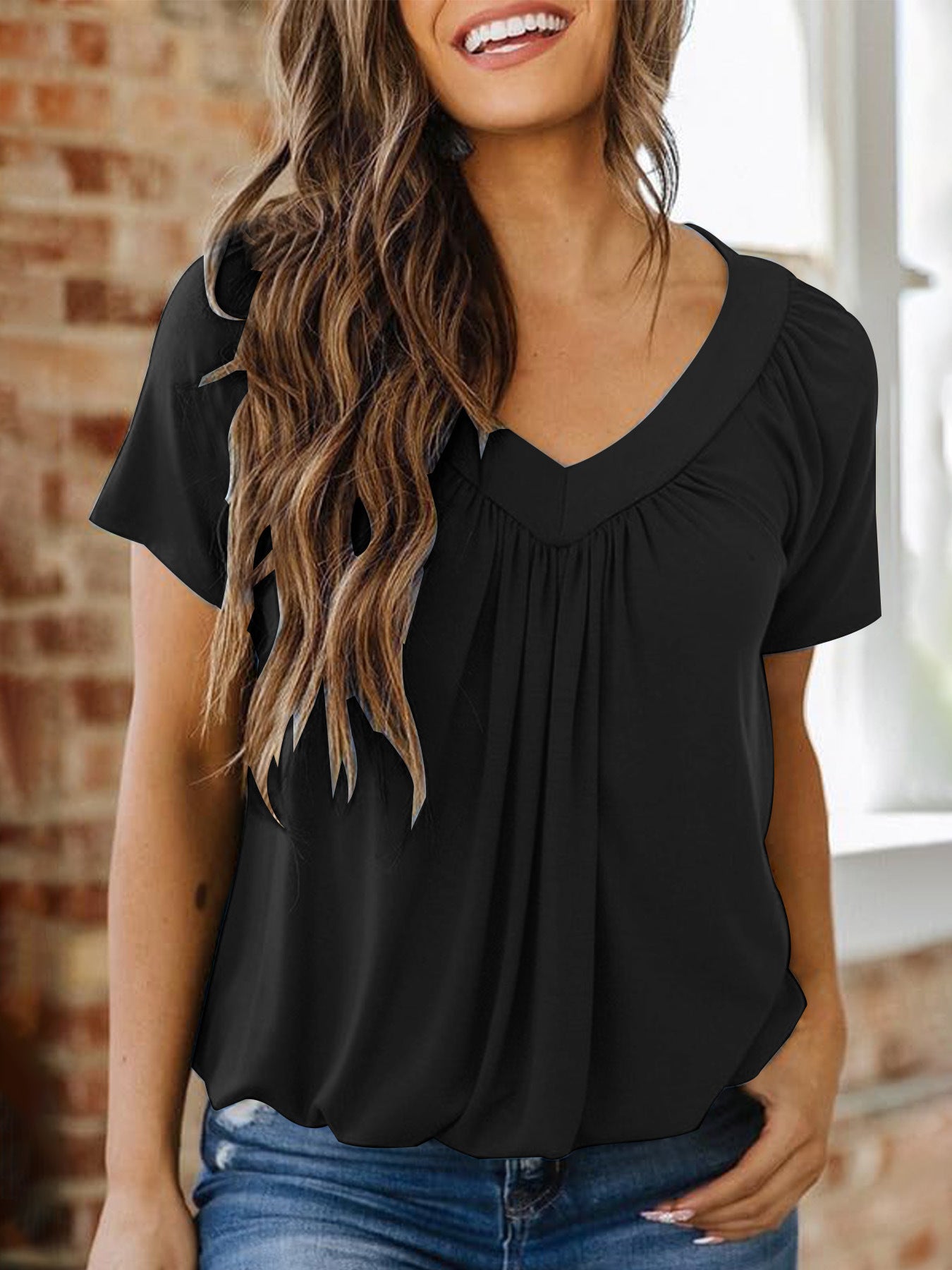 Women's Casual Pleated Solid Color V-Neck T-Shirt