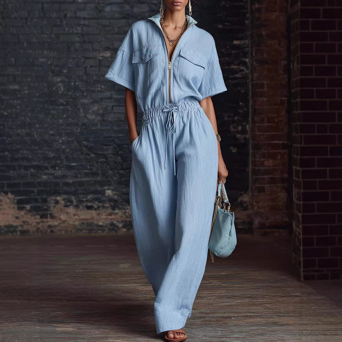 Stand-up Collar Sleeveless Casual Loose-fit Cotton-linen Jumpsuit