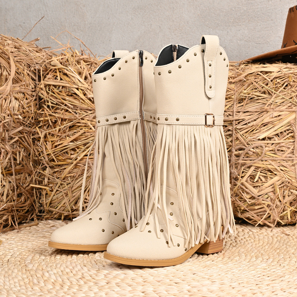Western Cowboy Women's Boots Belt Buckle Rivet Tassel Big Middle Boots
