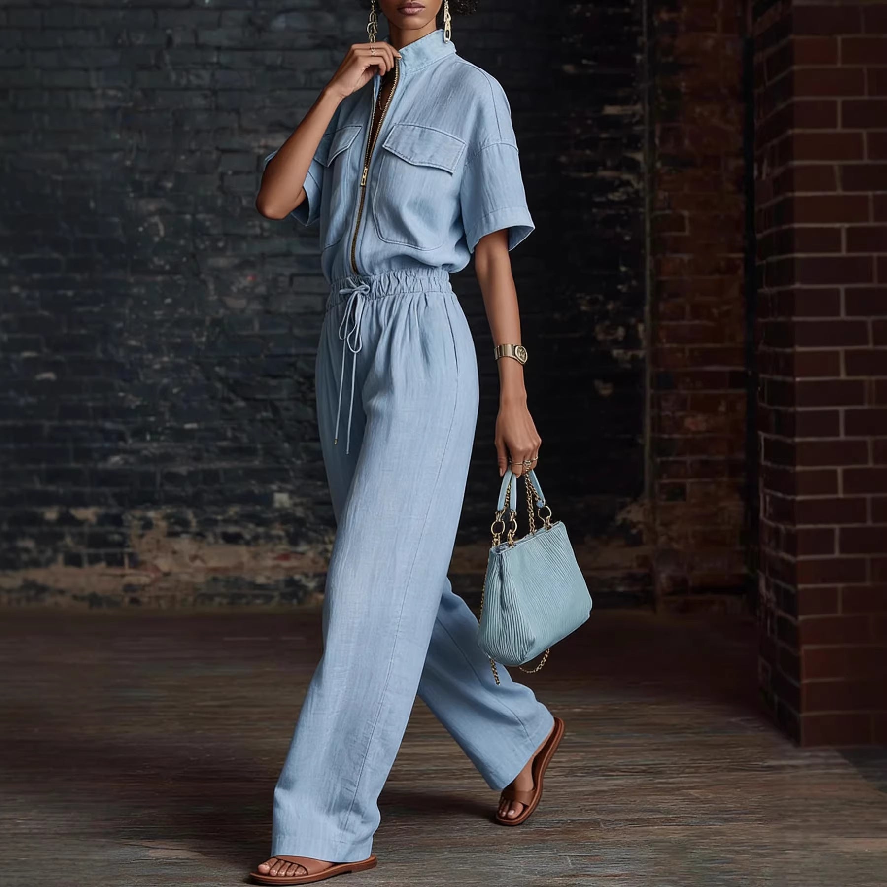 Stand-up Collar Sleeveless Casual Loose-fit Cotton-linen Jumpsuit