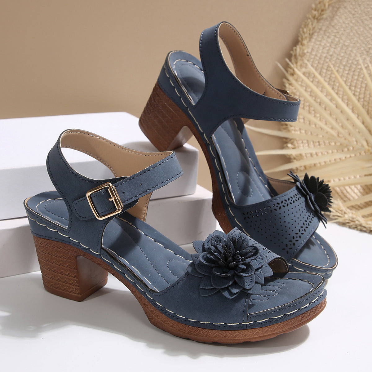 FloraRise – Chunky Heel Floral Sandals