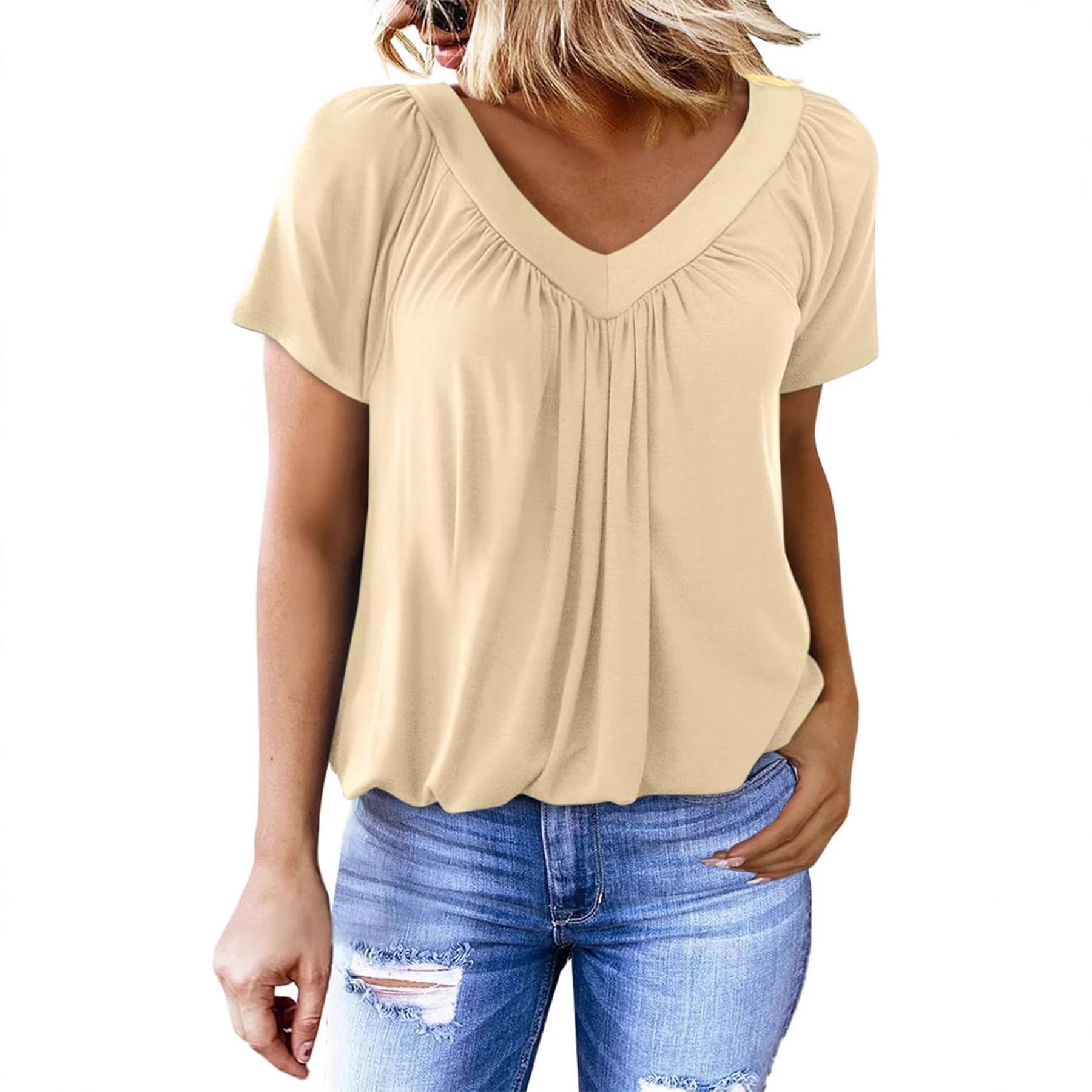 Women's Casual Pleated Solid Color V-Neck T-Shirt