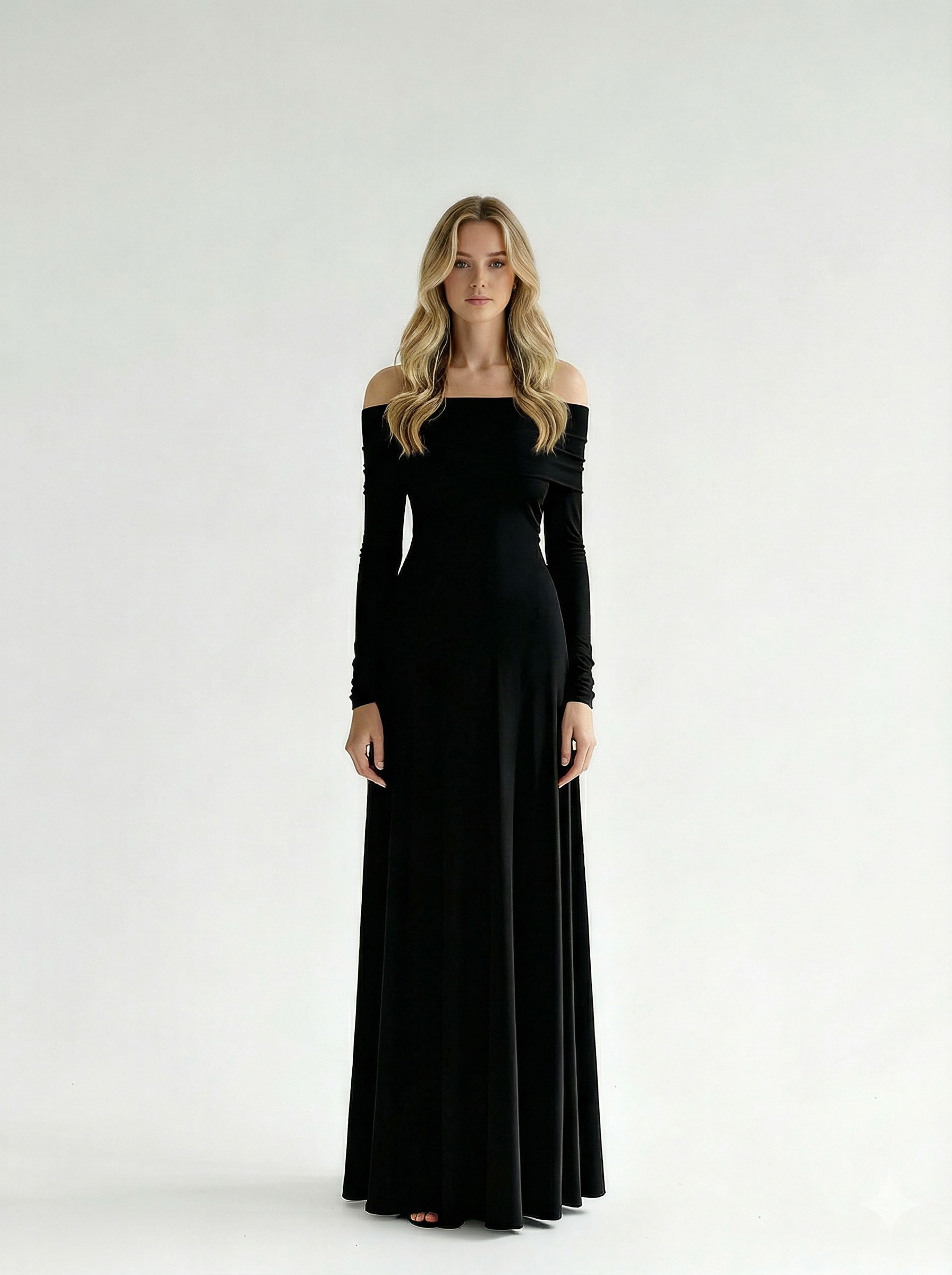 Woman wearing a black off-shoulder long-sleeve gown on a white background